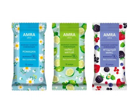 Влажные салфетки освежающие 15 шт AMRA 1уп  микс