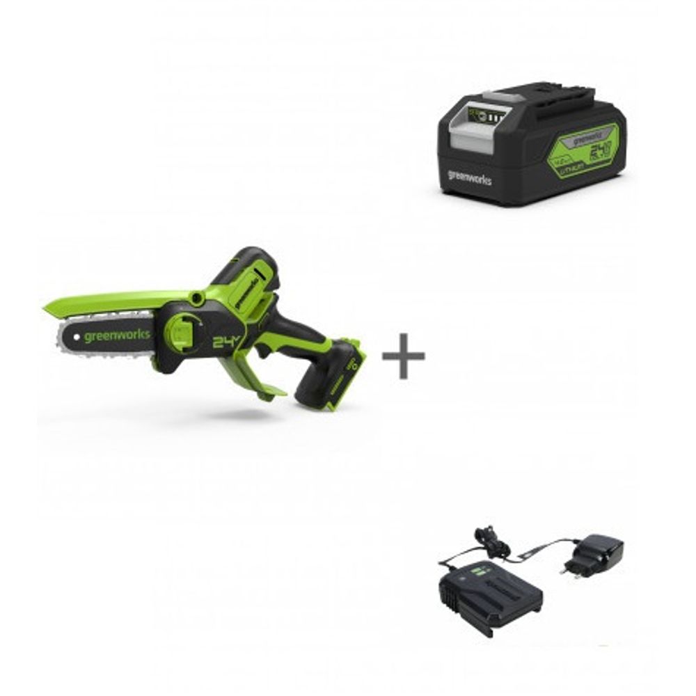 Мини пила цепная аккумуляторная Greenworks GD24CSMNX 24V + АКБ 4АЧ И ЗУ