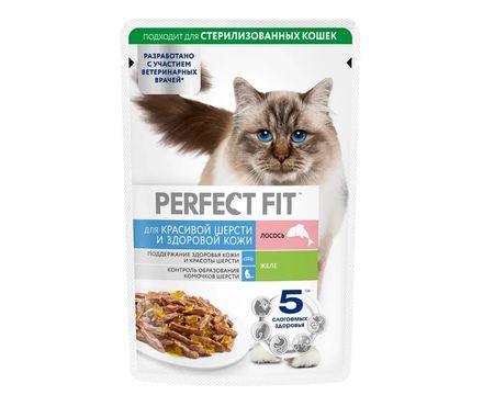 Корм влажный Perfect Fit для стерилизованных кошек с лососем желе 75г